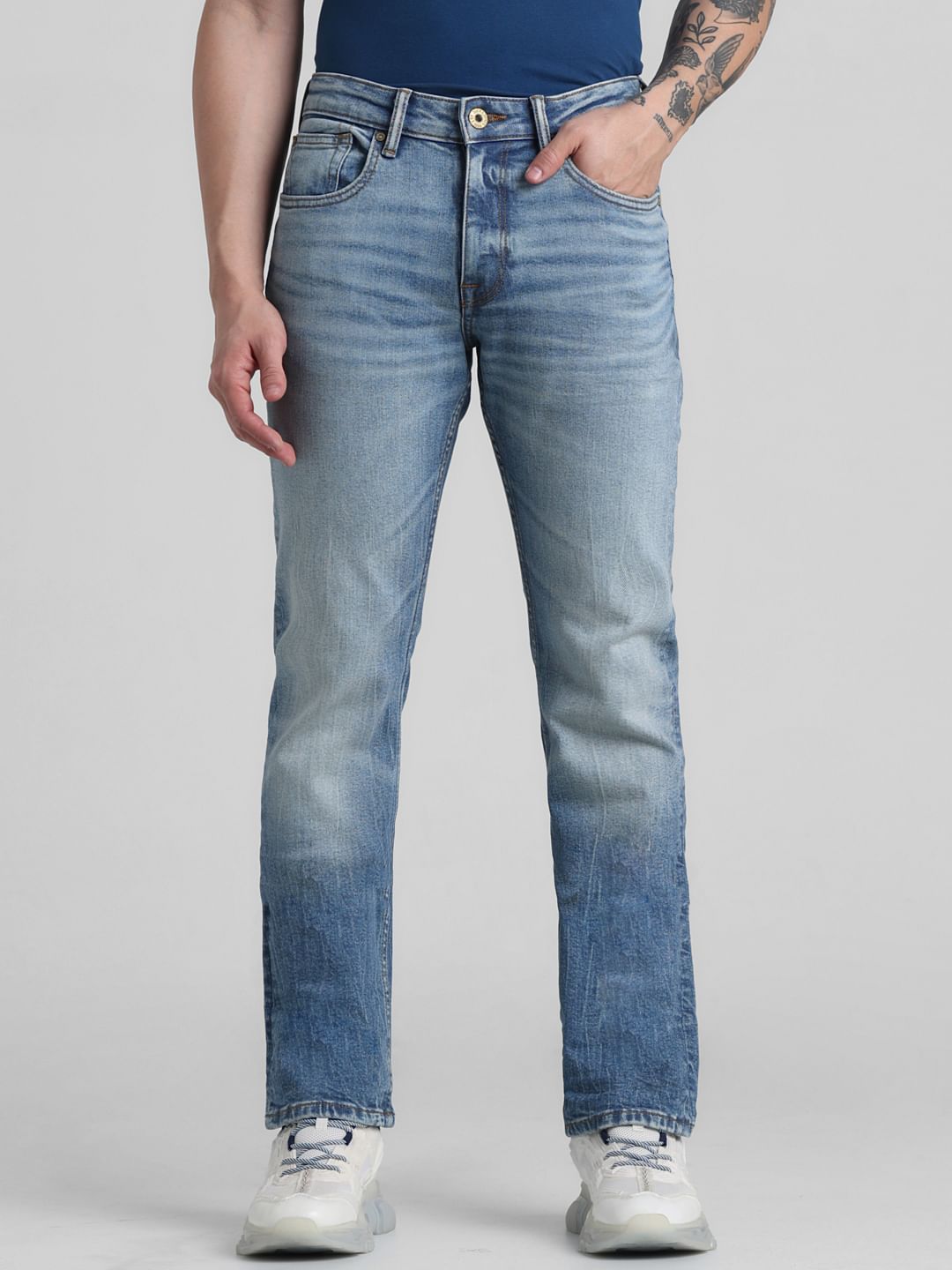 Blue Mid Rise Washed Clark Regular Fit Jeans