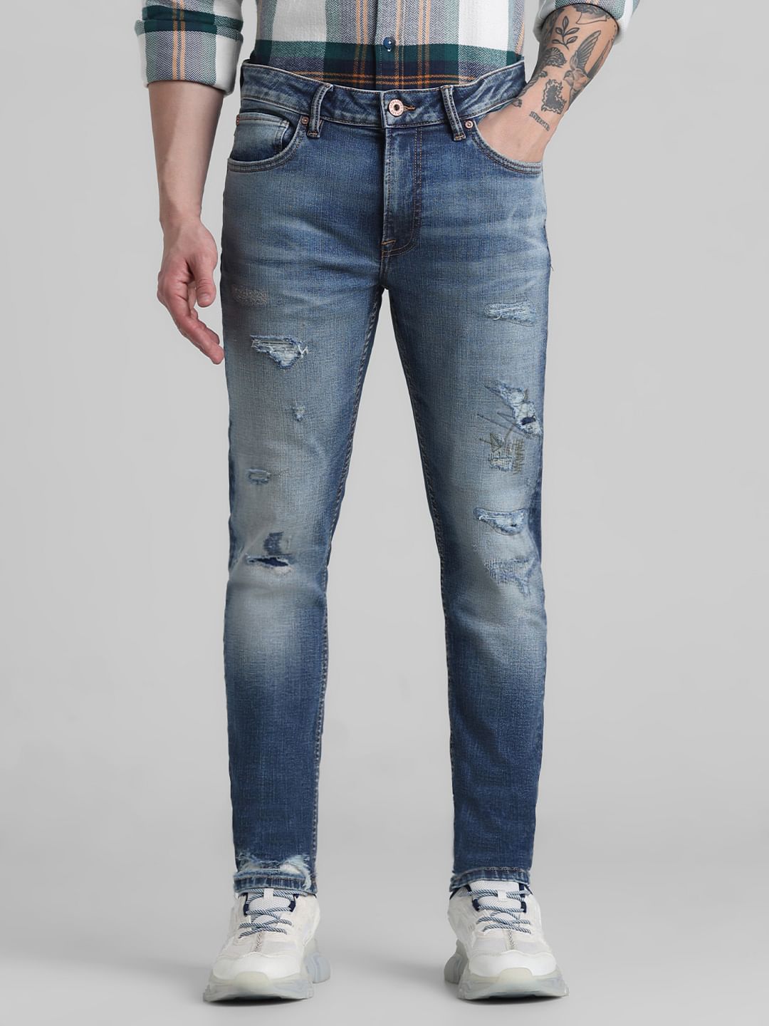 Dark Blue Low Rise Distressed Ben Skinny Jeans - 30/30