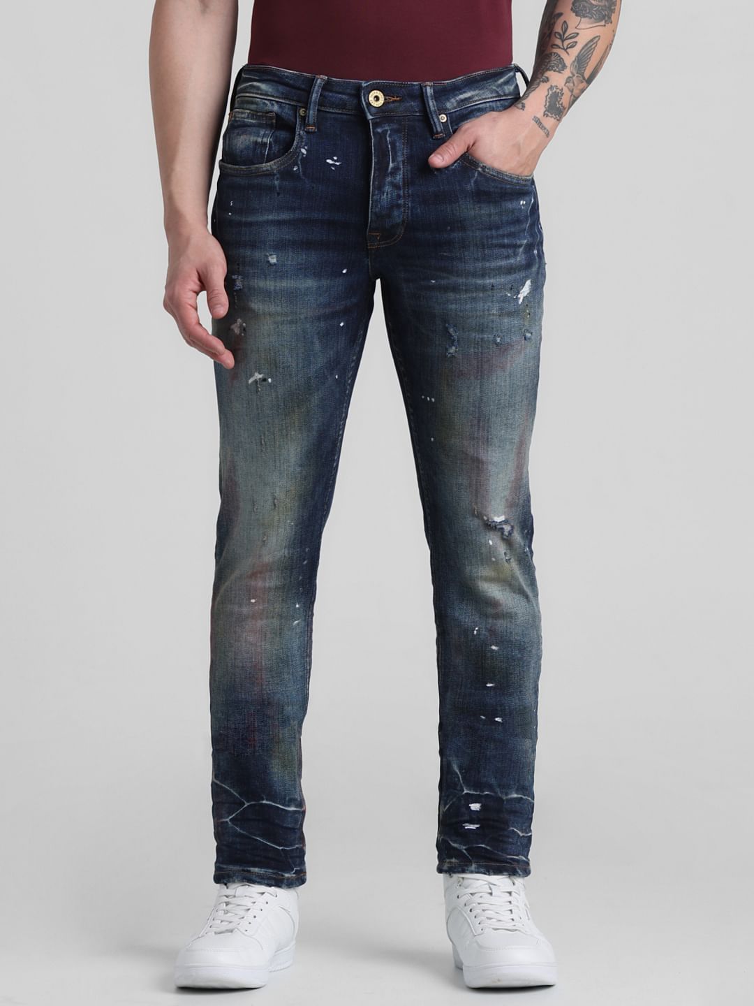 Dark Blue Low Rise Distressed Glenn Slim Fit Jeans - 28/30