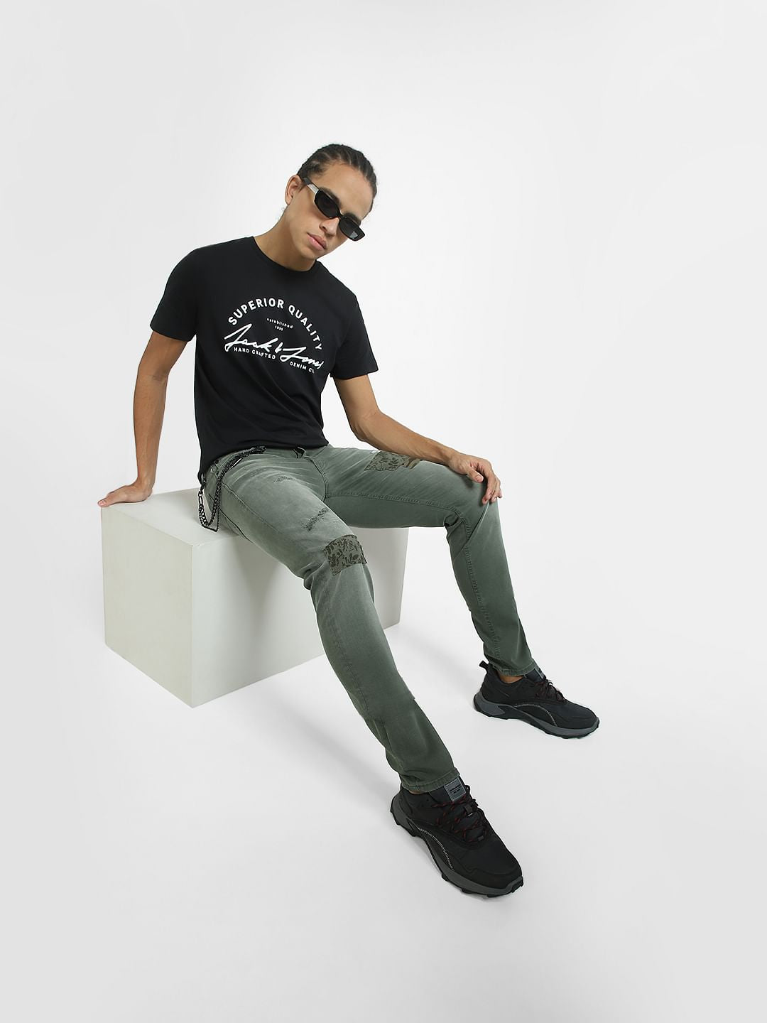 Green Low Rise Patch Work Slim Fit Jeans