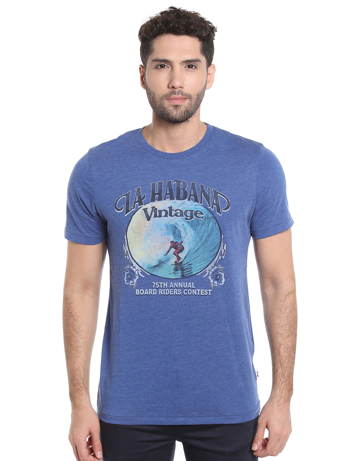 Blue Graphic Print Crew Neck T-Shirt - S