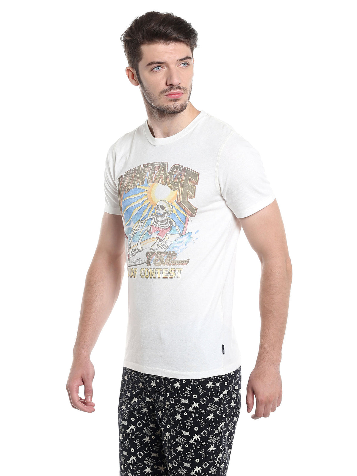 Graphic Print White Crew Neck T-Shirt - S
