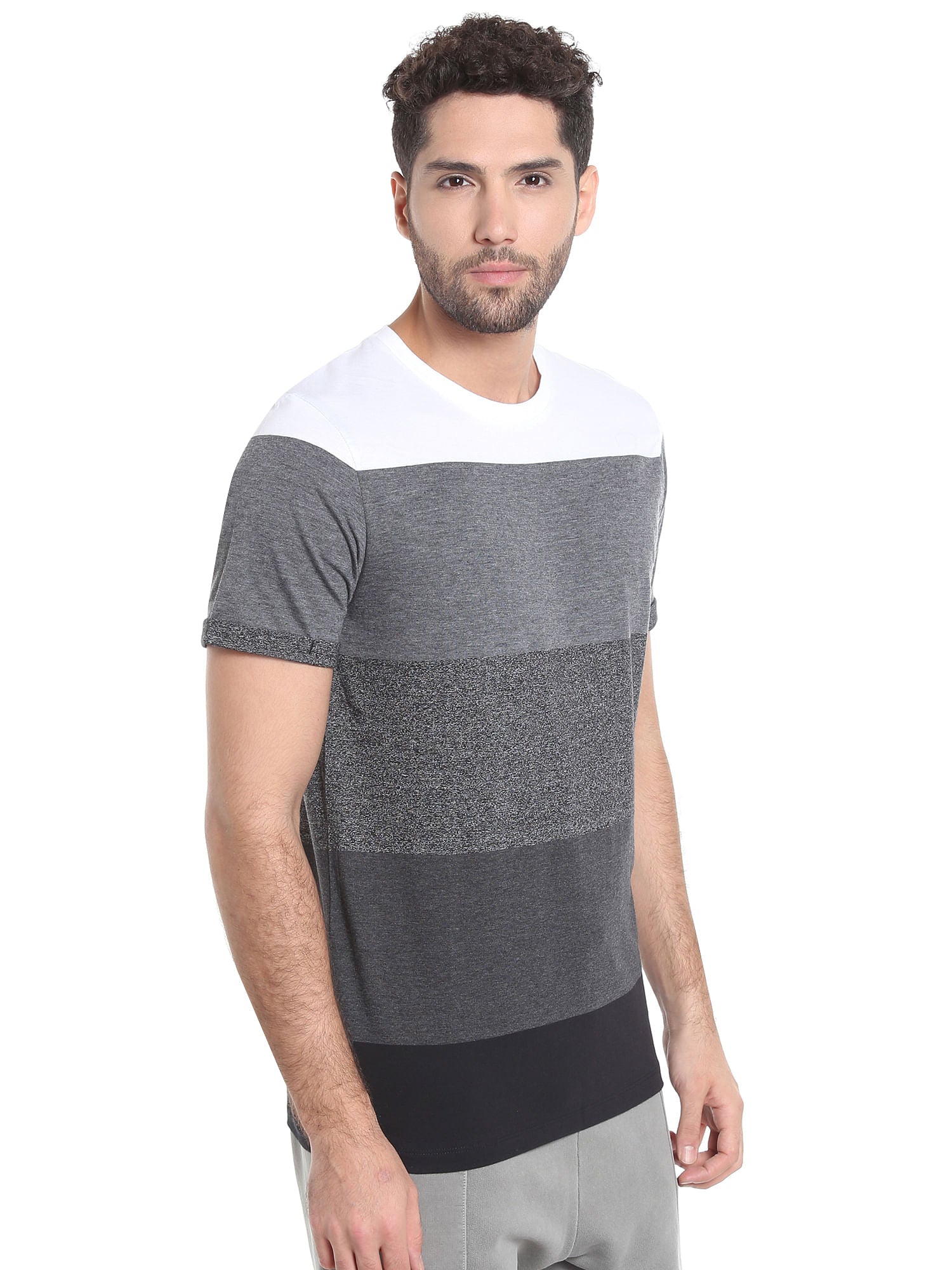 Black Colour Blocked Striped Crew Neck T-Shirt