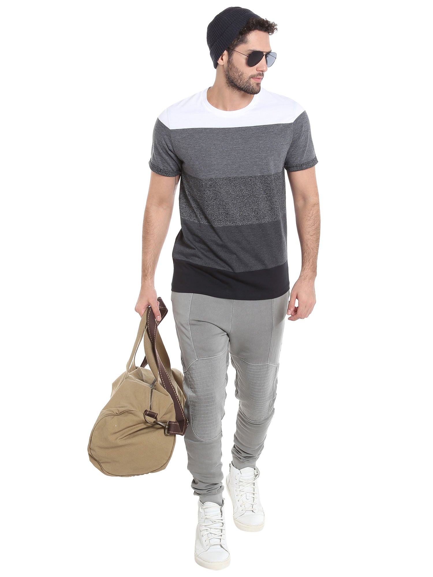 Black Colour Blocked Striped Crew Neck T-Shirt