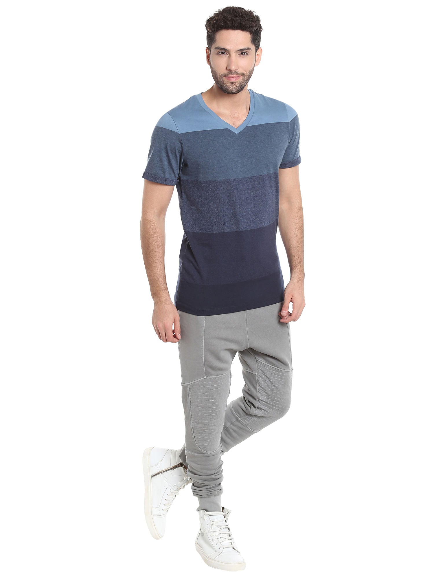 Blue Colour Blocked Striped V-Neck T-Shirt