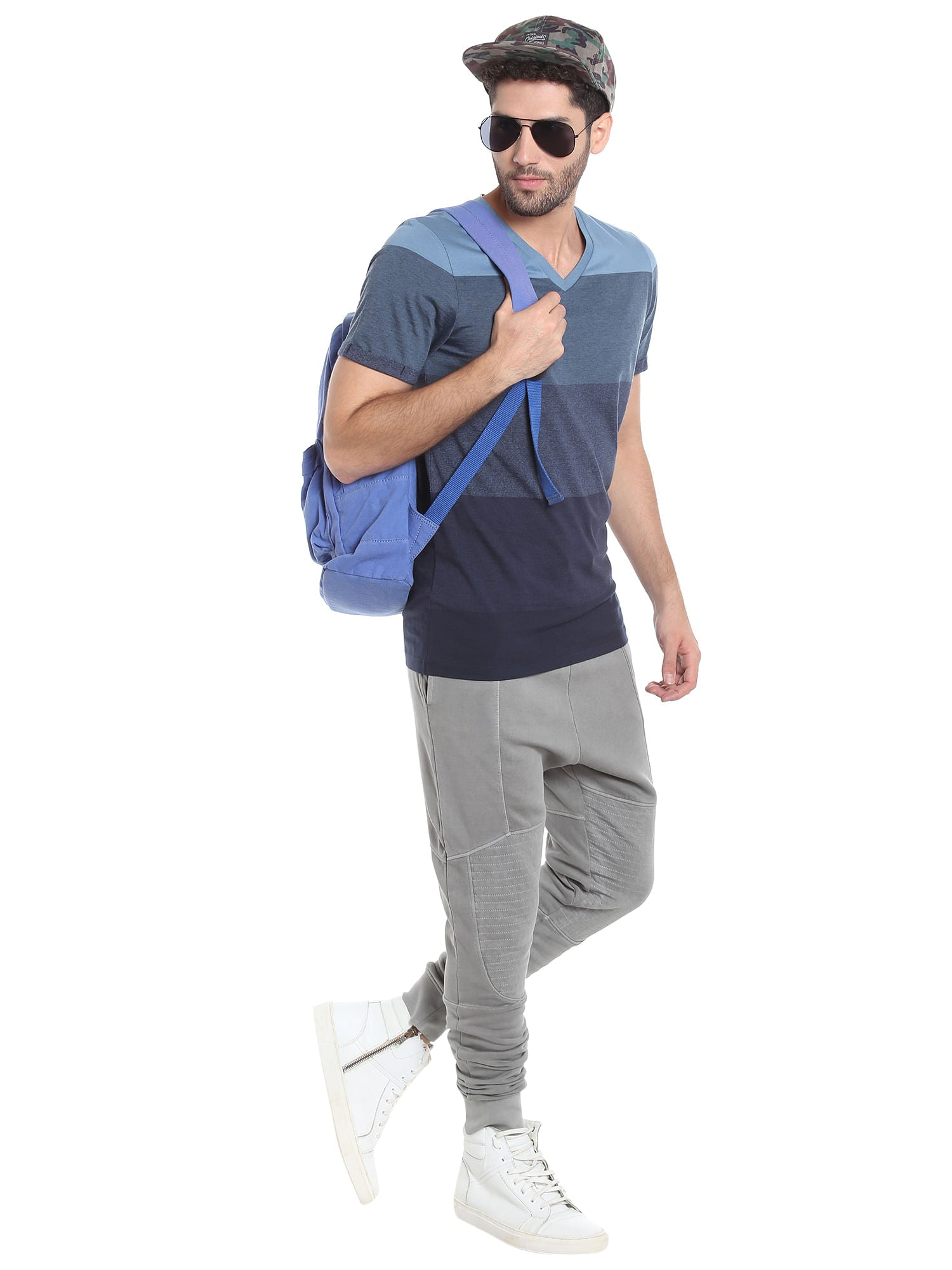 Blue Colour Blocked Striped V-Neck T-Shirt