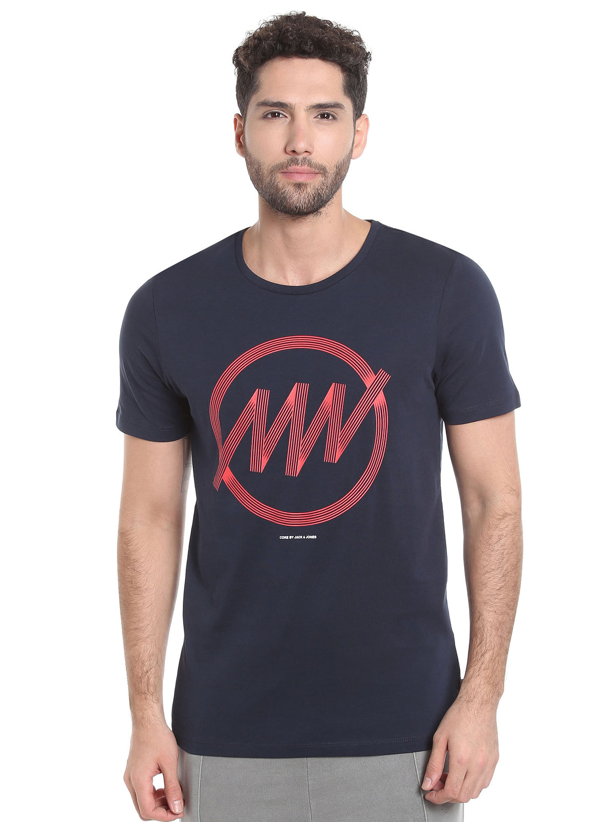Dark Blue Circular Striped Crew Neck T-Shirt - S