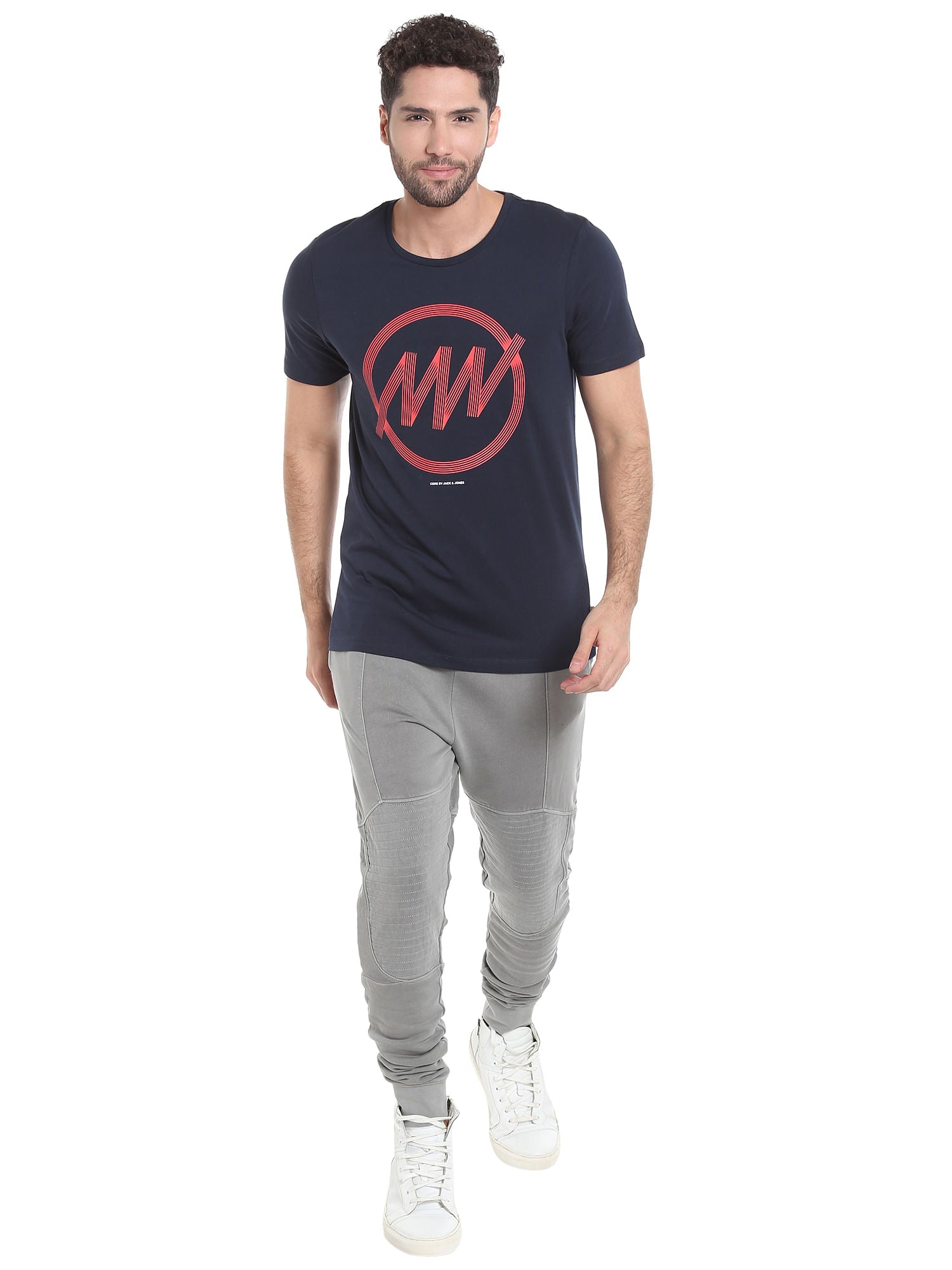 Dark Blue Circular Striped Crew Neck T-Shirt