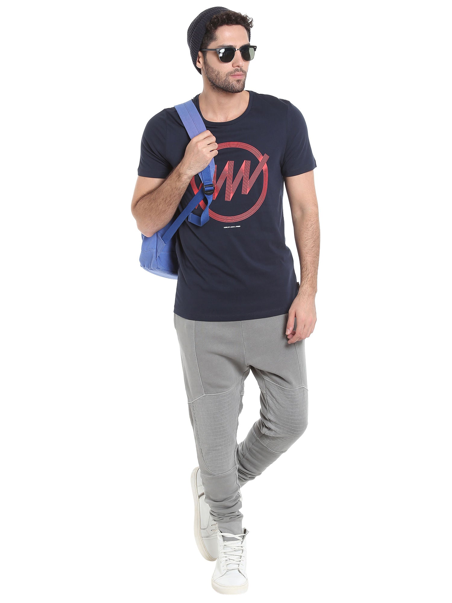 Dark Blue Circular Striped Crew Neck T-Shirt