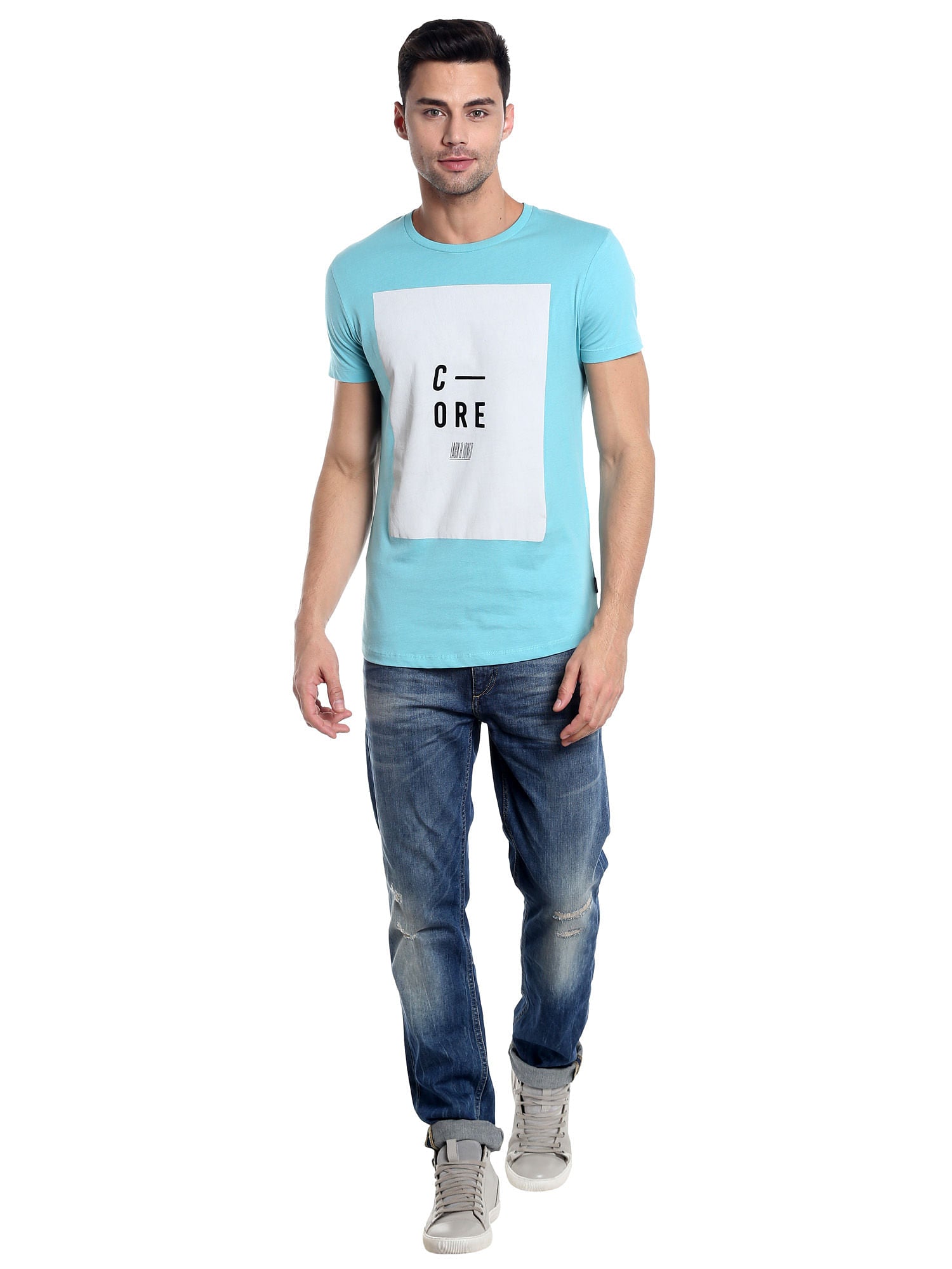 Aqua Blue Printed Slim Fit T-Shirt