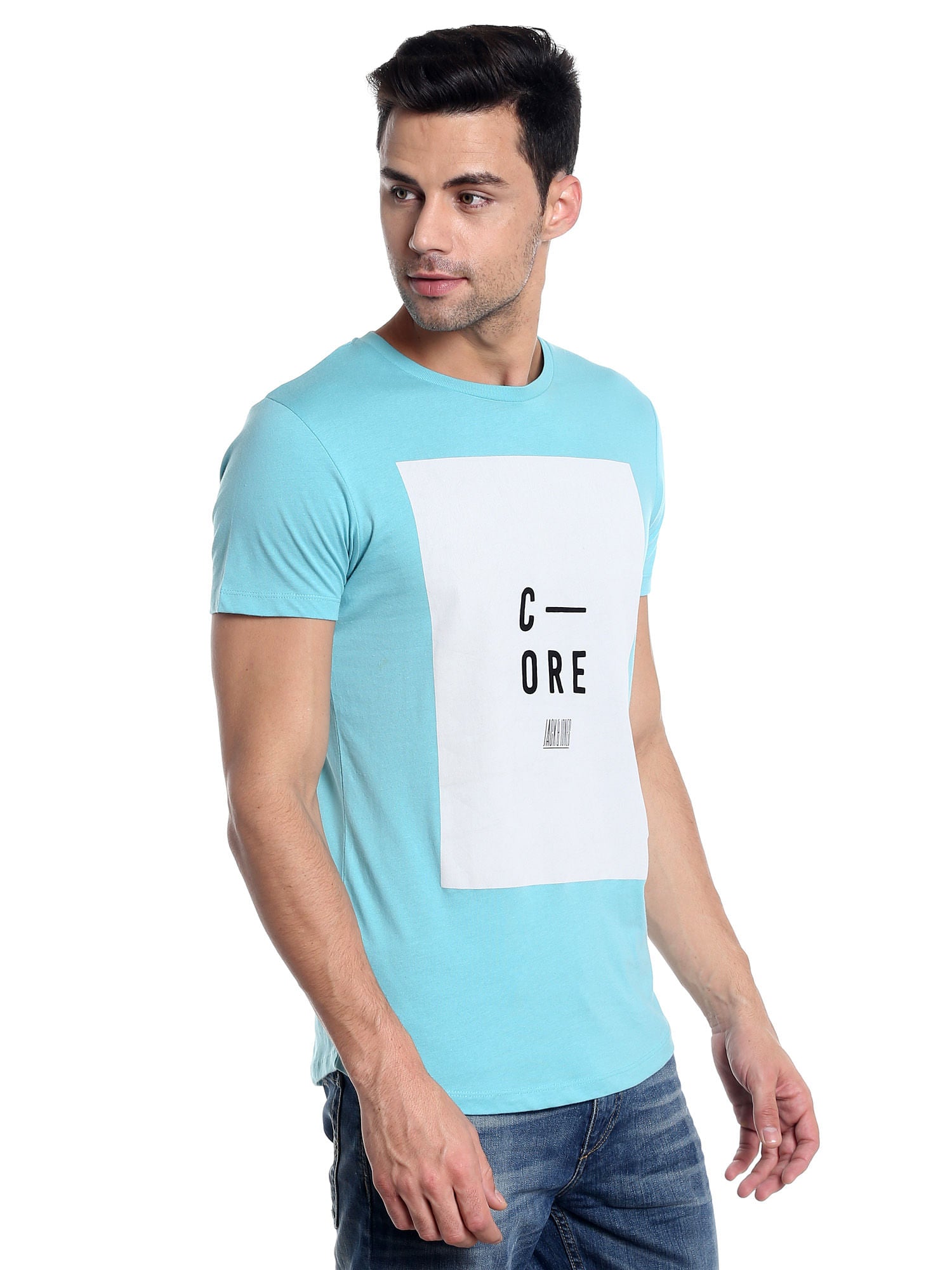 Aqua Blue Printed Slim Fit T-Shirt