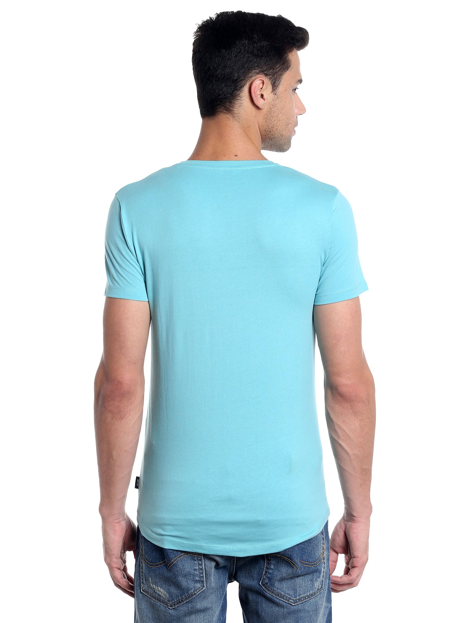 Aqua Blue Printed Slim Fit T-Shirt