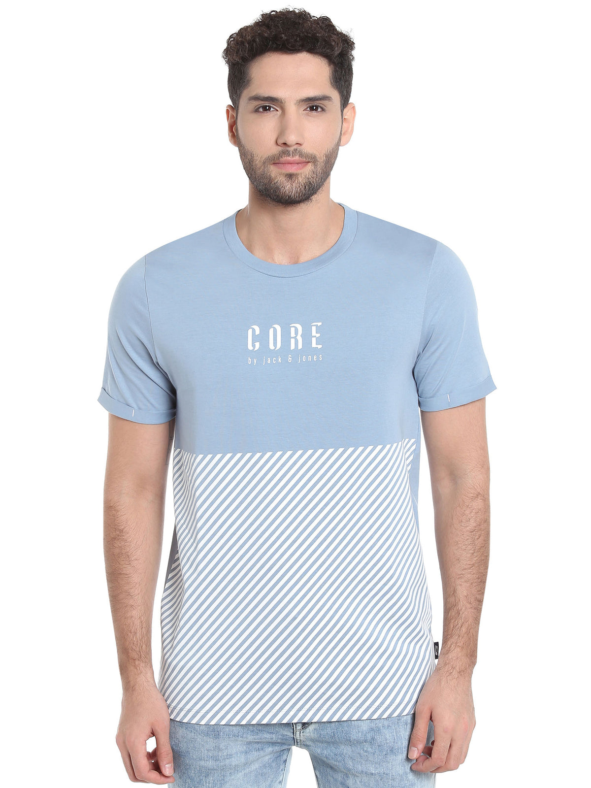 Light Blue Striped Crew Neck T-Shirt - S