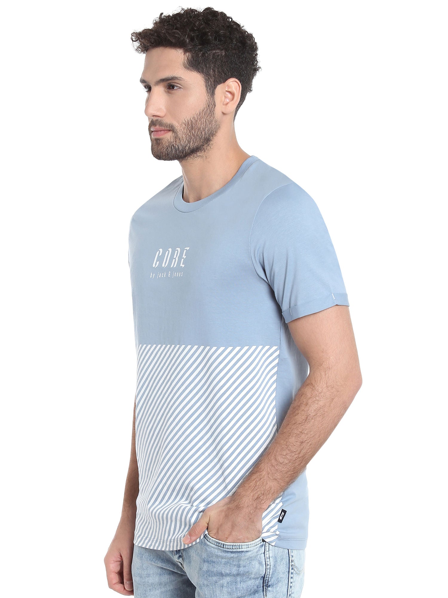 Light Blue Striped Crew Neck T-Shirt