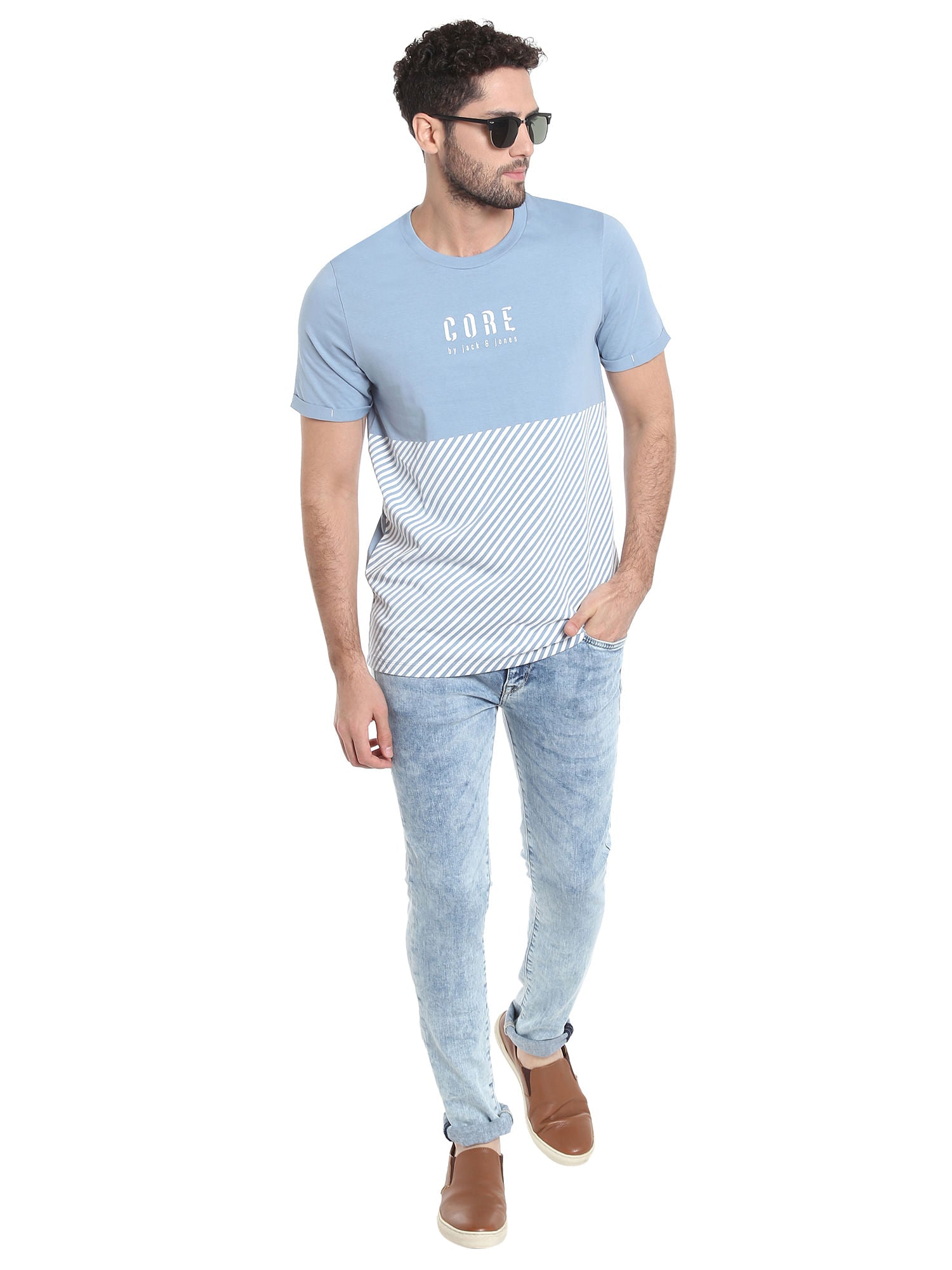 Light Blue Striped Crew Neck T-Shirt