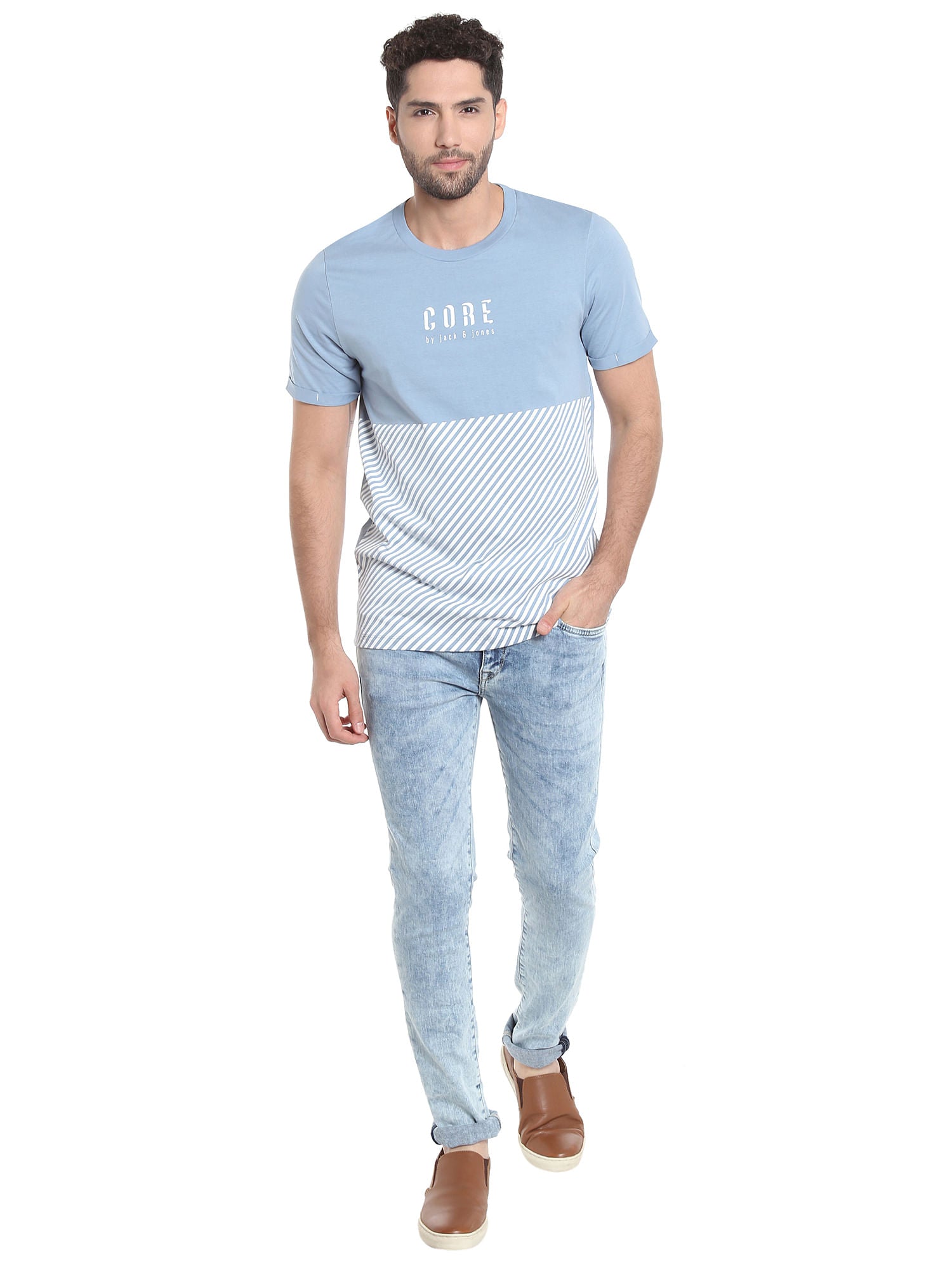 Light Blue Striped Crew Neck T-Shirt