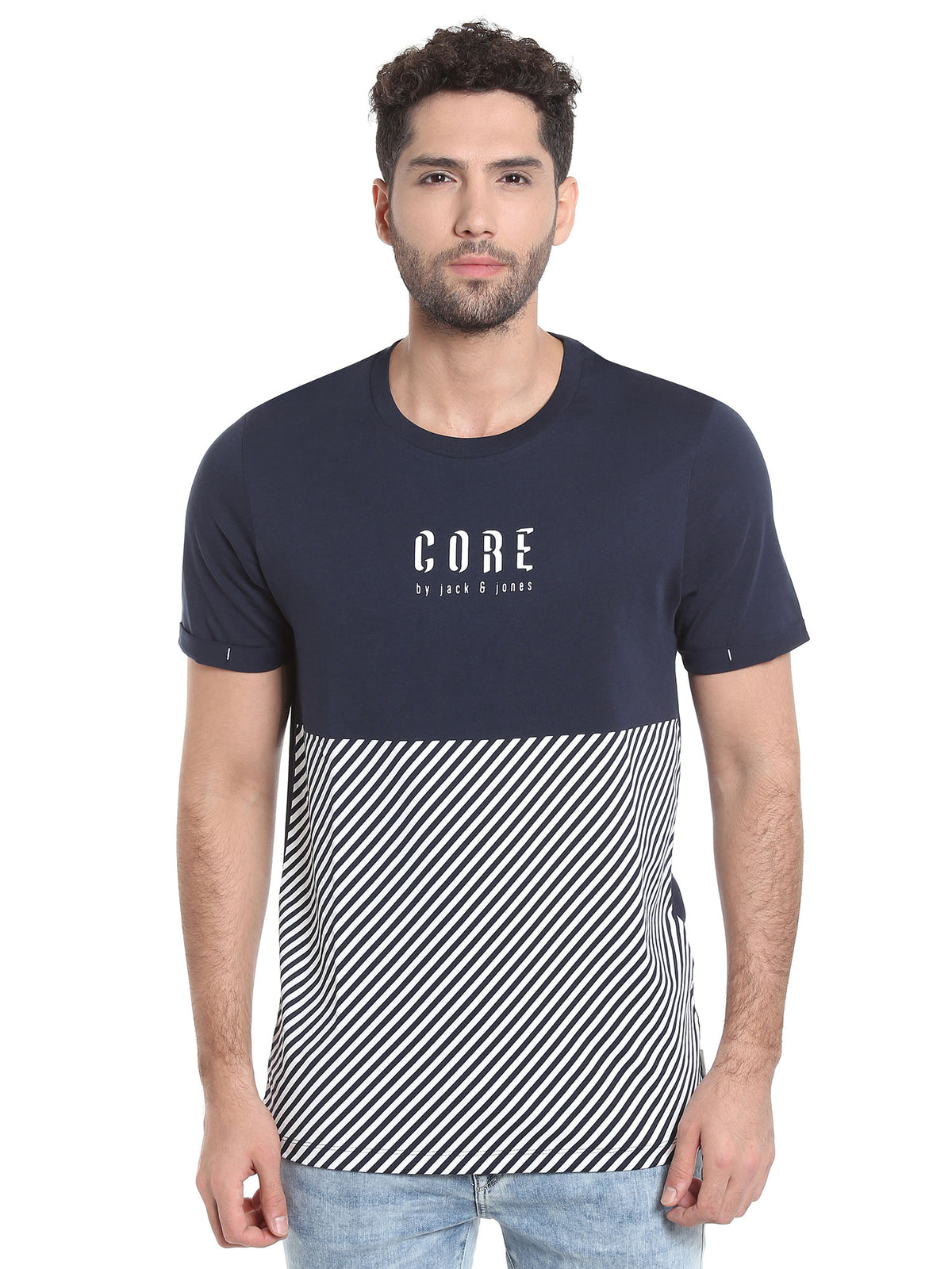 Dark Blue Striped Crew Neck T-Shirt - S