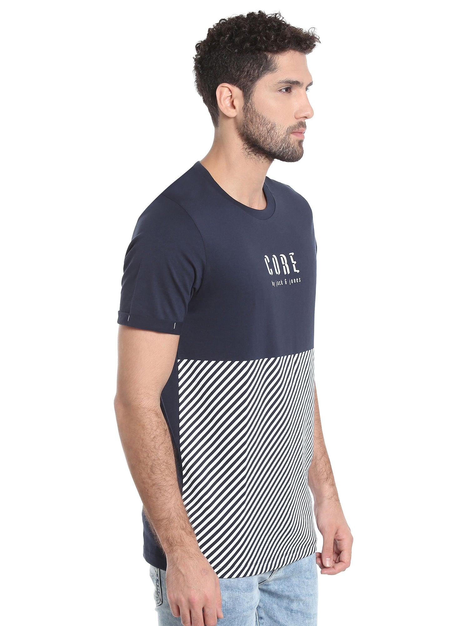 Dark Blue Striped Crew Neck T-Shirt
