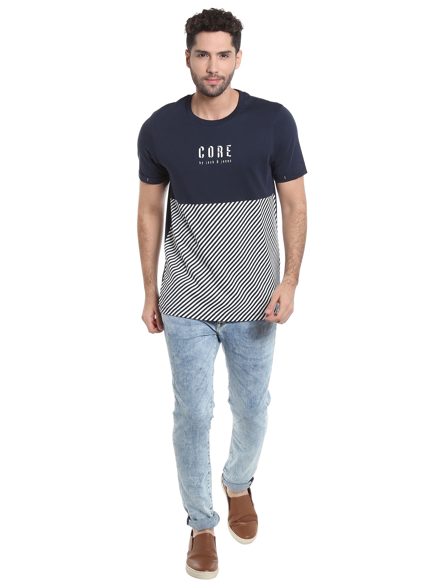 Dark Blue Striped Crew Neck T-Shirt