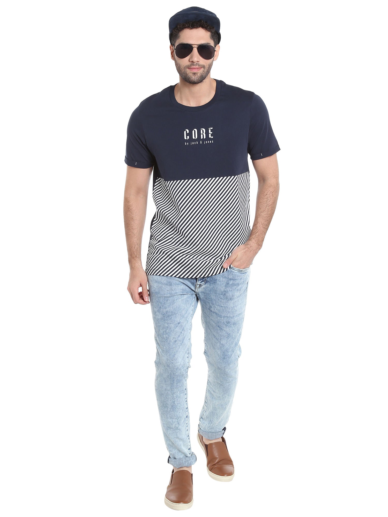 Dark Blue Striped Crew Neck T-Shirt