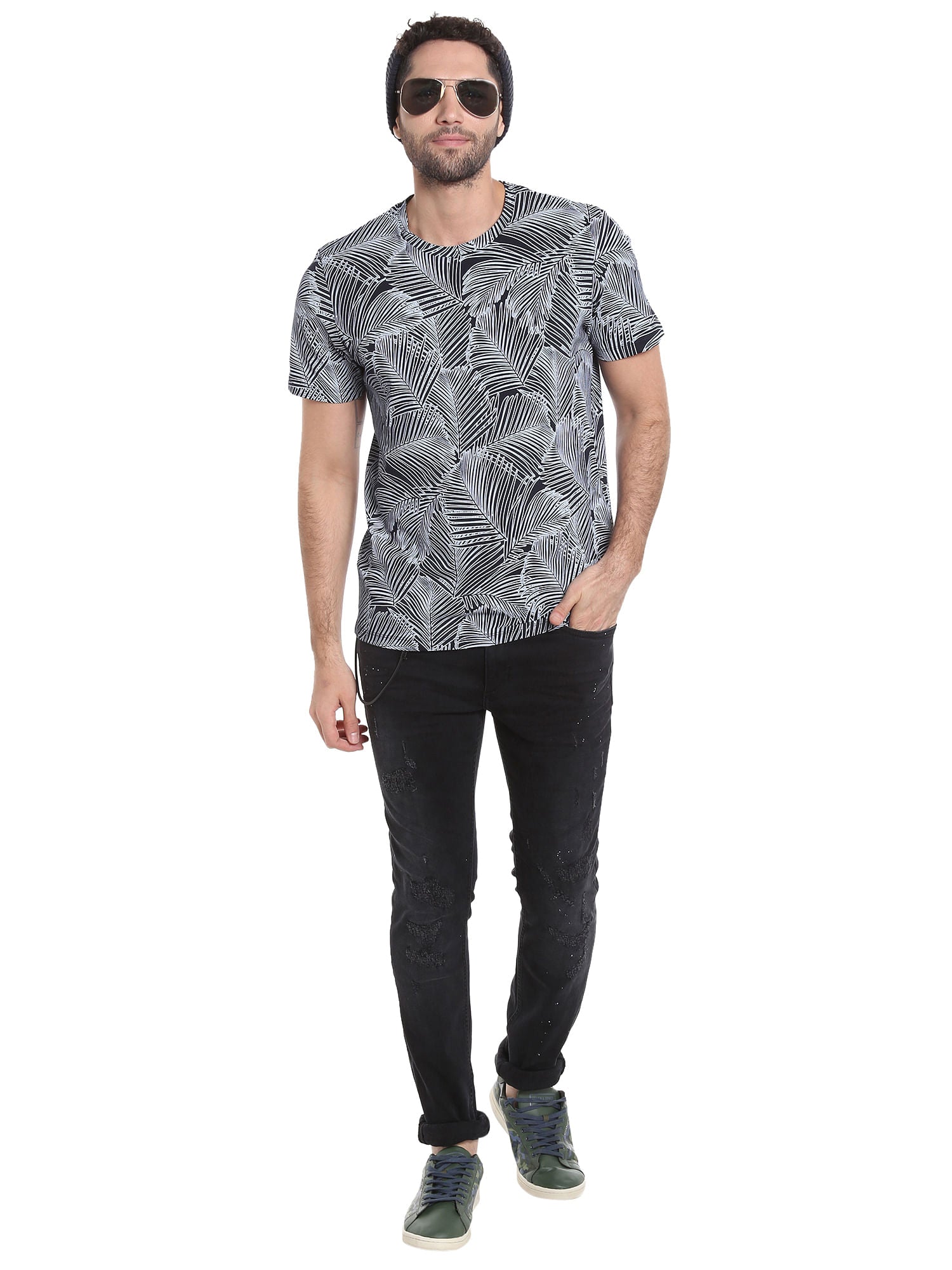 Dark Navy Abstract Print Crew Neck T-Shirt