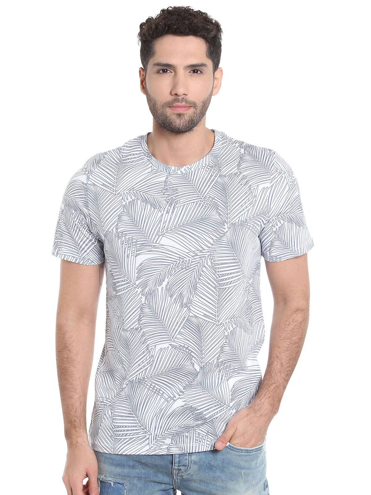 White Abstract Print Crew Neck T-Shirt - S