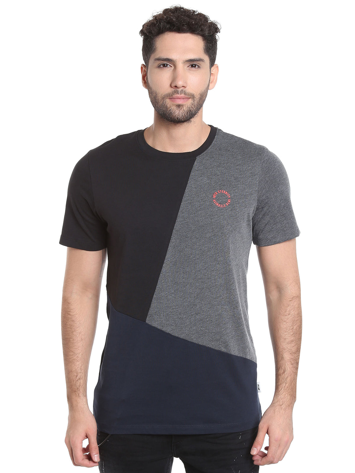 Black Colour Blocked Crew Neck T-Shirt - S