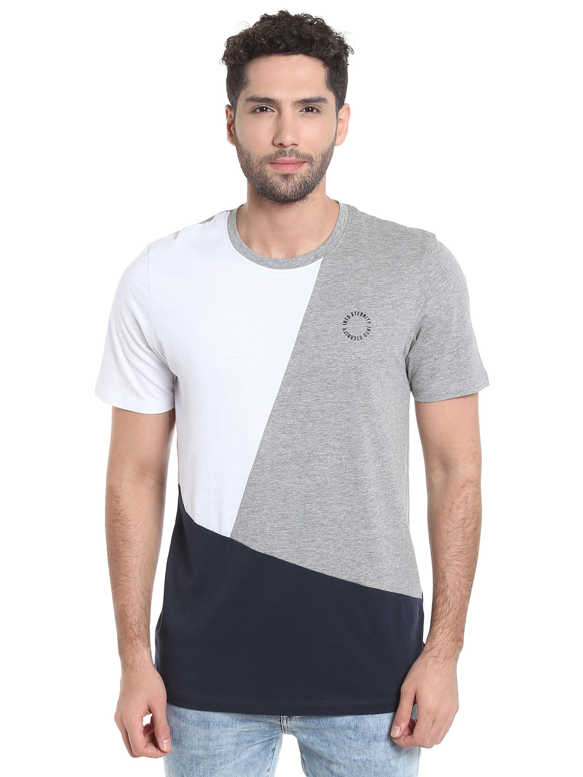 Light Grey Colour Blocked Crew Neck T-Shirt - S