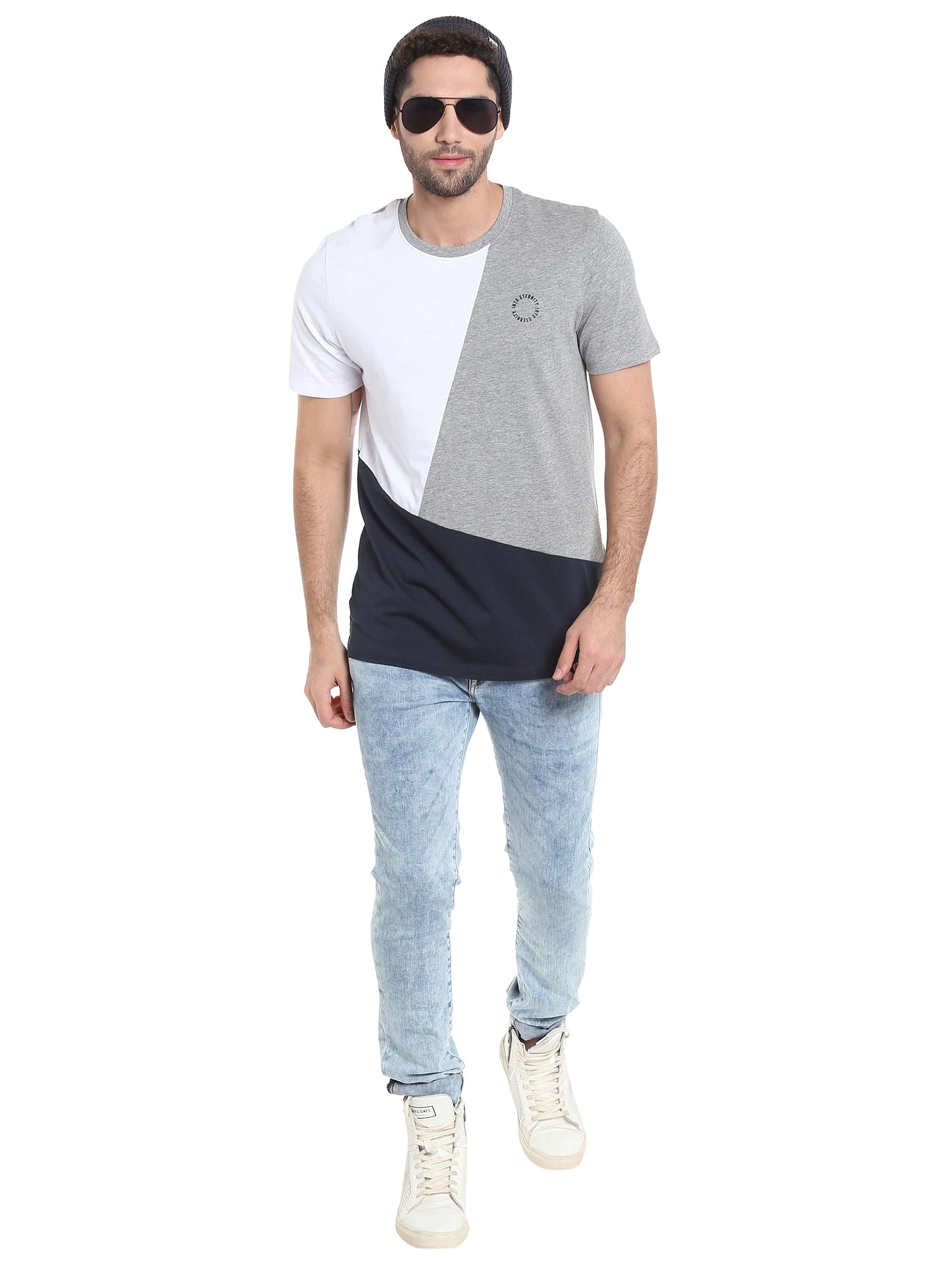 Light Grey Colour Blocked Crew Neck T-Shirt