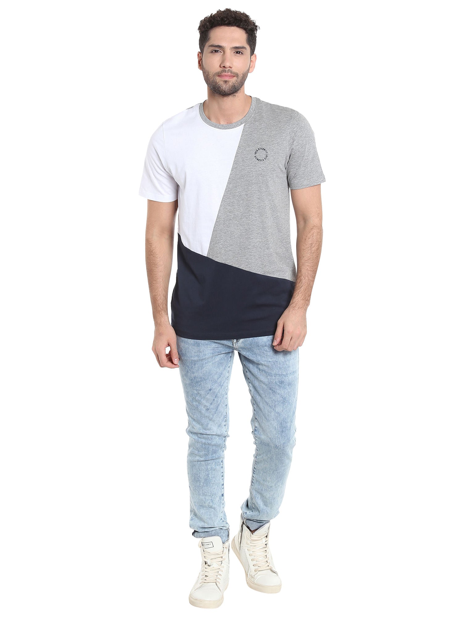 Light Grey Colour Blocked Crew Neck T-Shirt