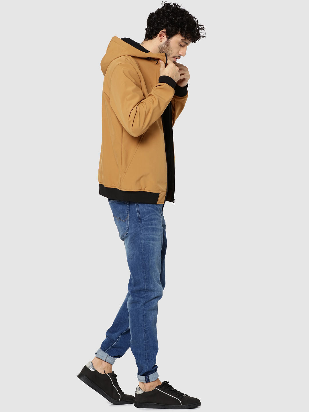 Mustard Text Print Hooded Casual Jacket