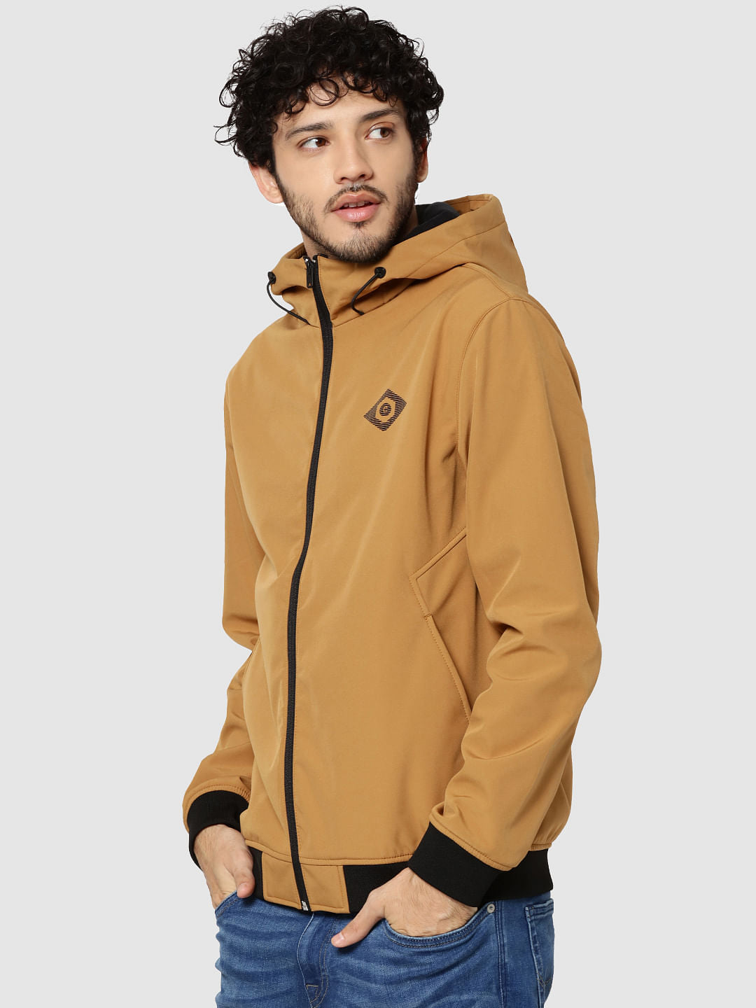 Mustard Text Print Hooded Casual Jacket - S