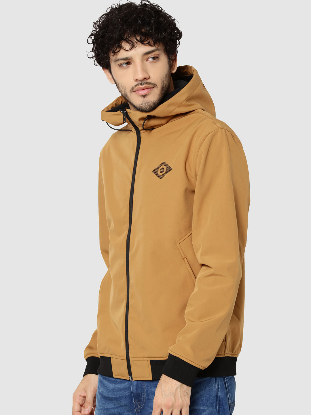Mustard Text Print Hooded Casual Jacket