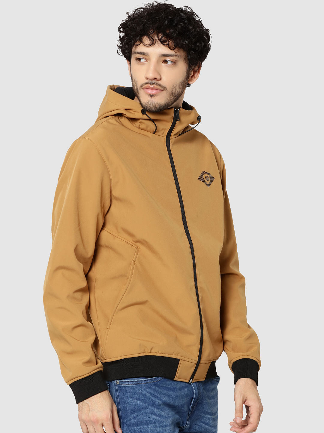 Mustard Text Print Hooded Casual Jacket