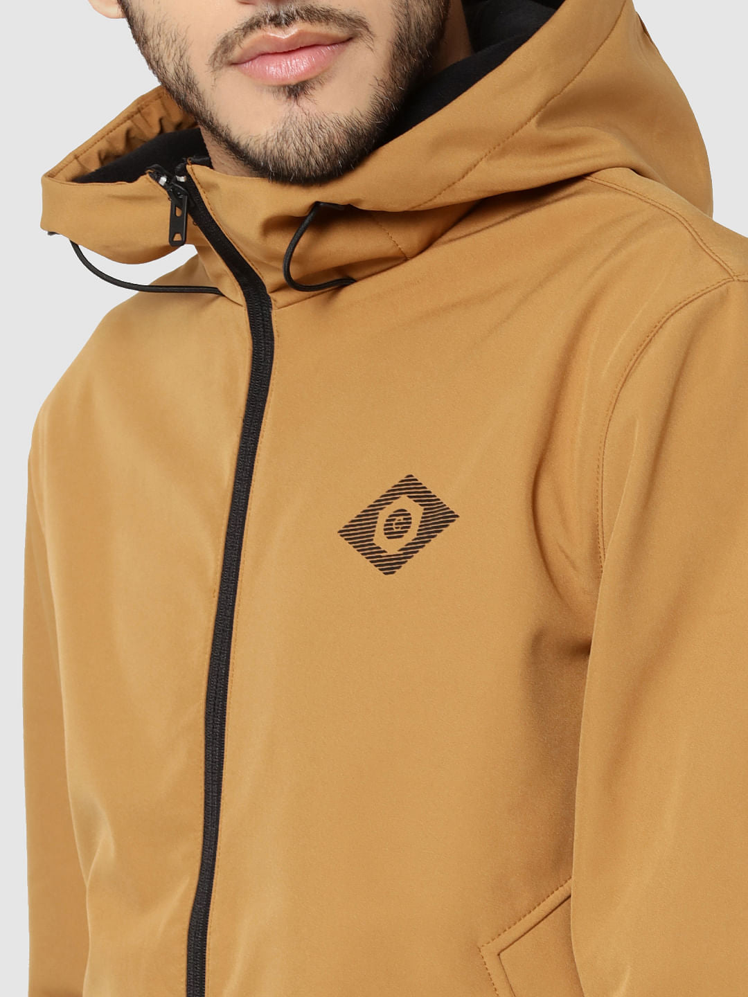 Mustard Text Print Hooded Casual Jacket