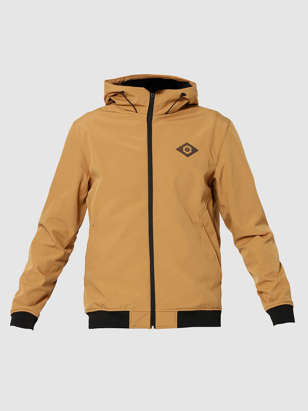 Mustard Text Print Hooded Casual Jacket