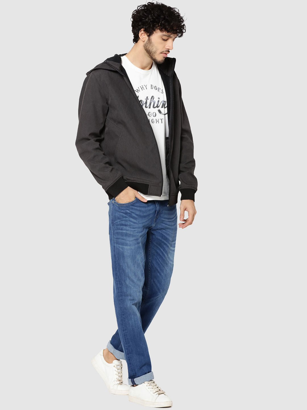 Grey Text Print Hooded Jacket