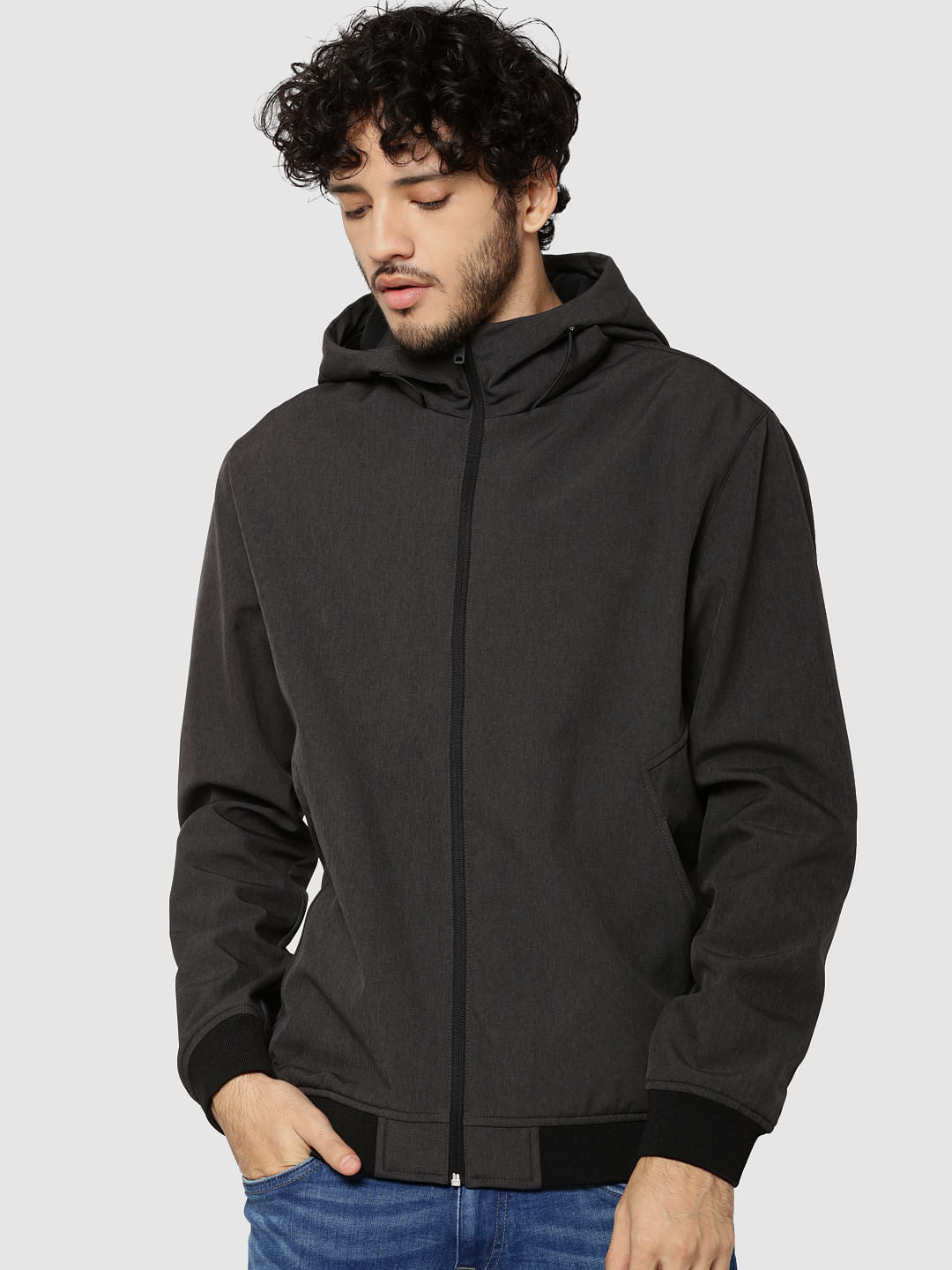 Grey Text Print Hooded Jacket - XS