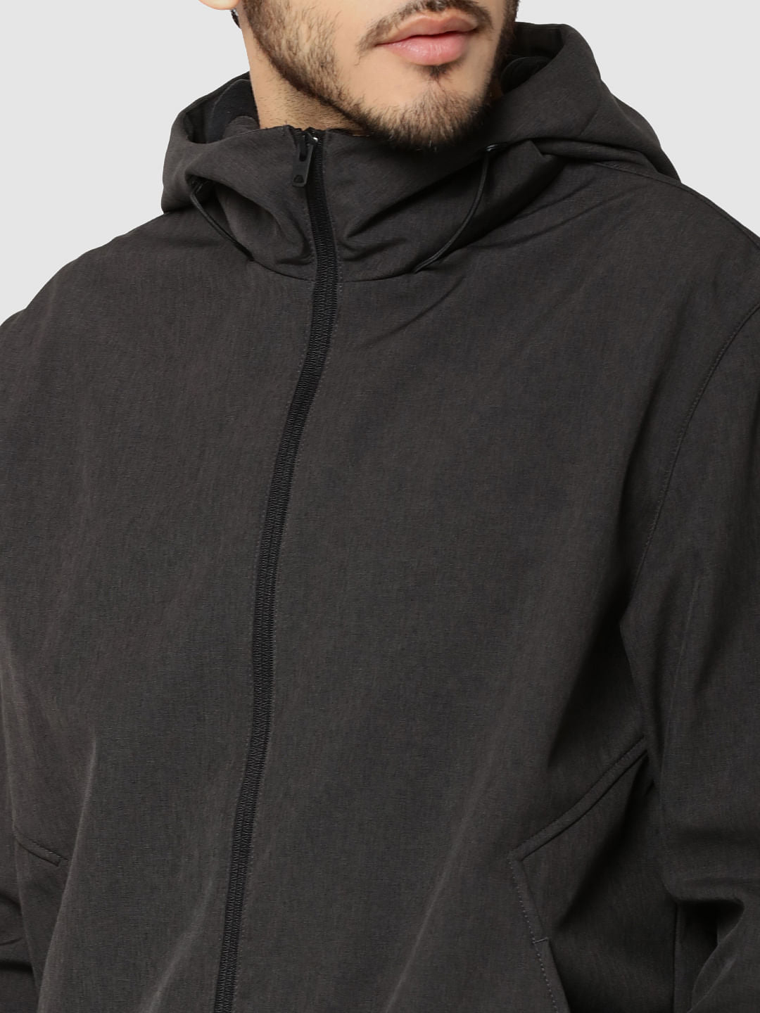 Grey Text Print Hooded Jacket