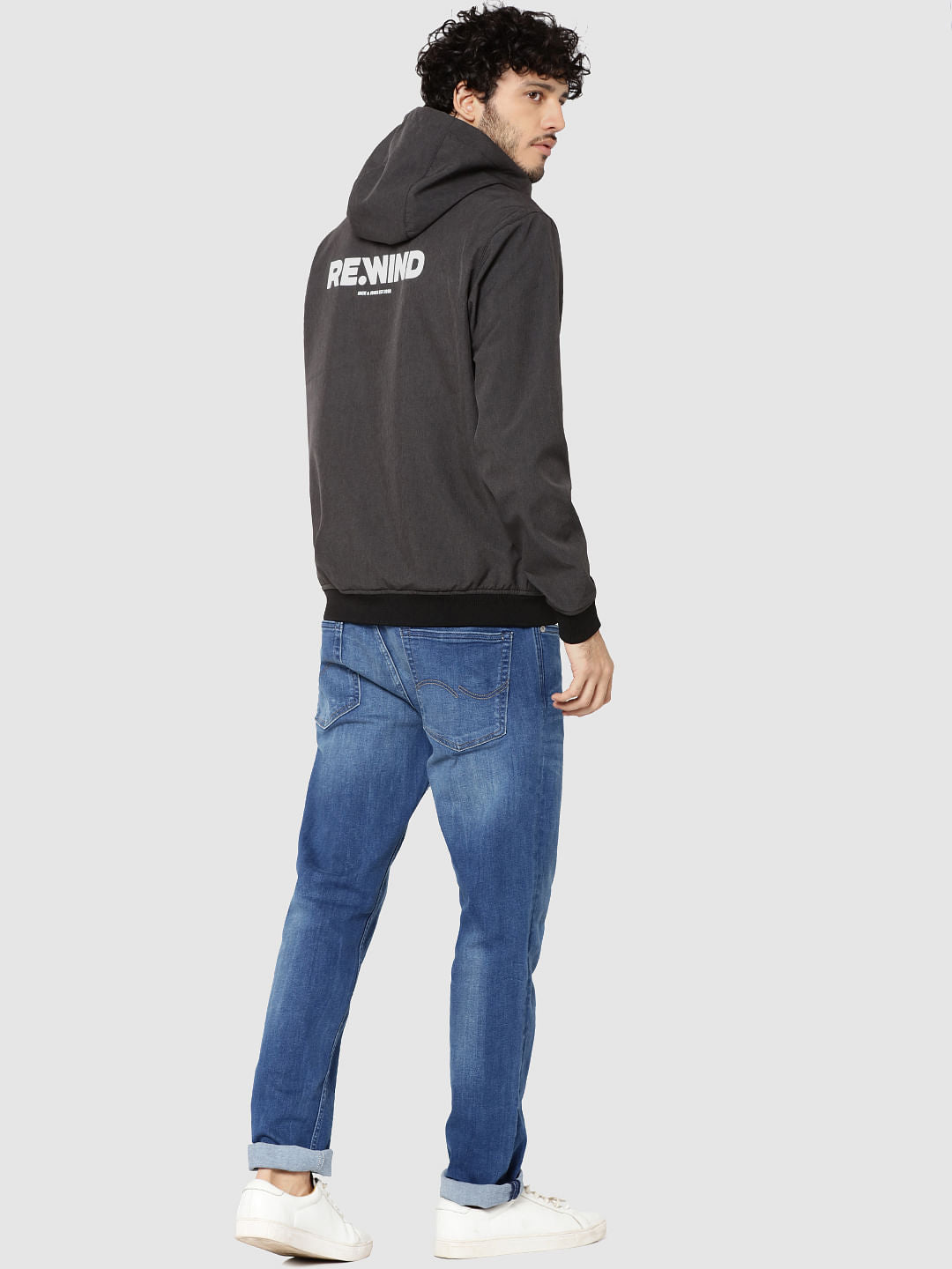 Grey Text Print Hooded Jacket