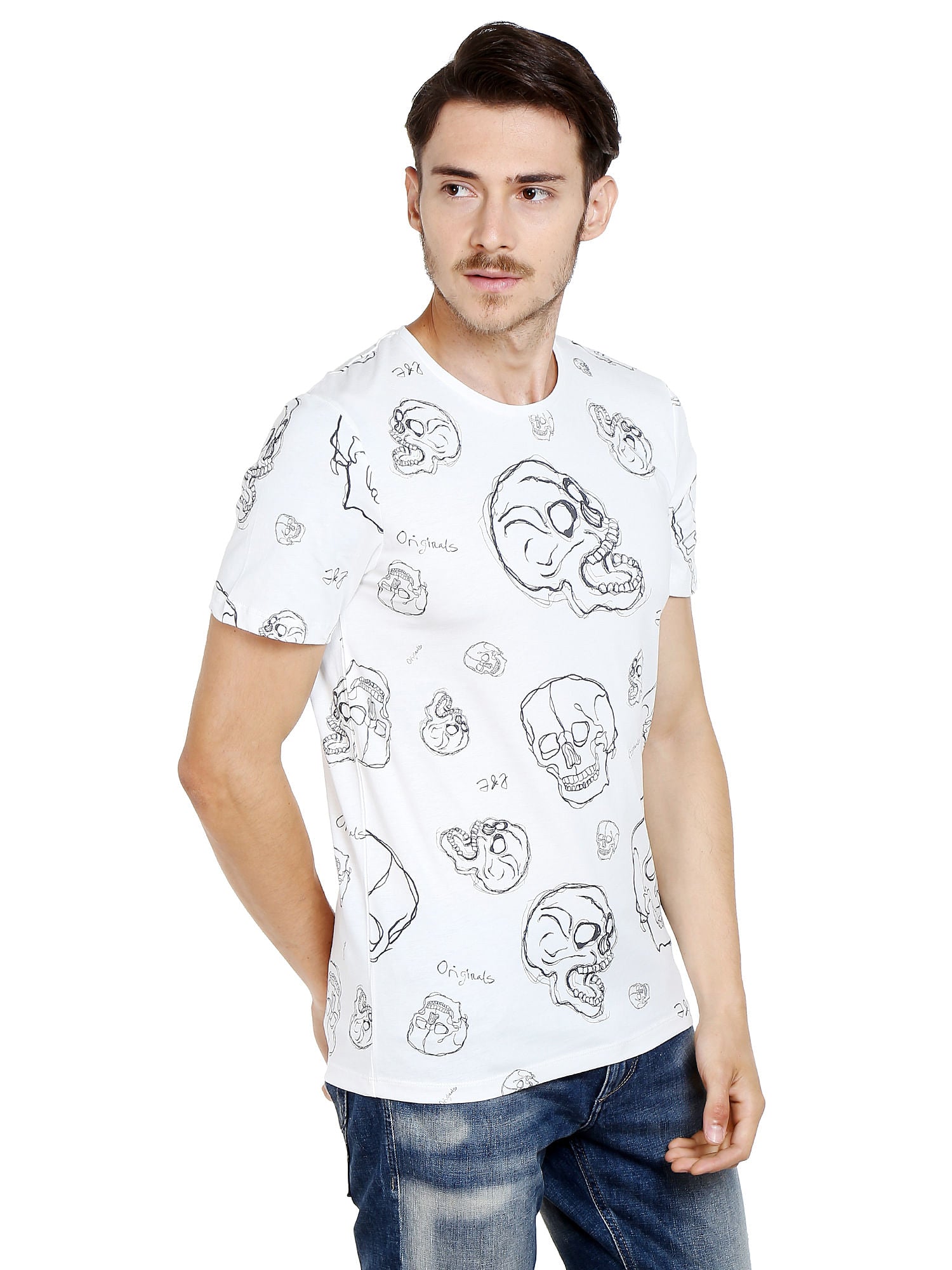 White Skull Print Crew Neck T-Shirt