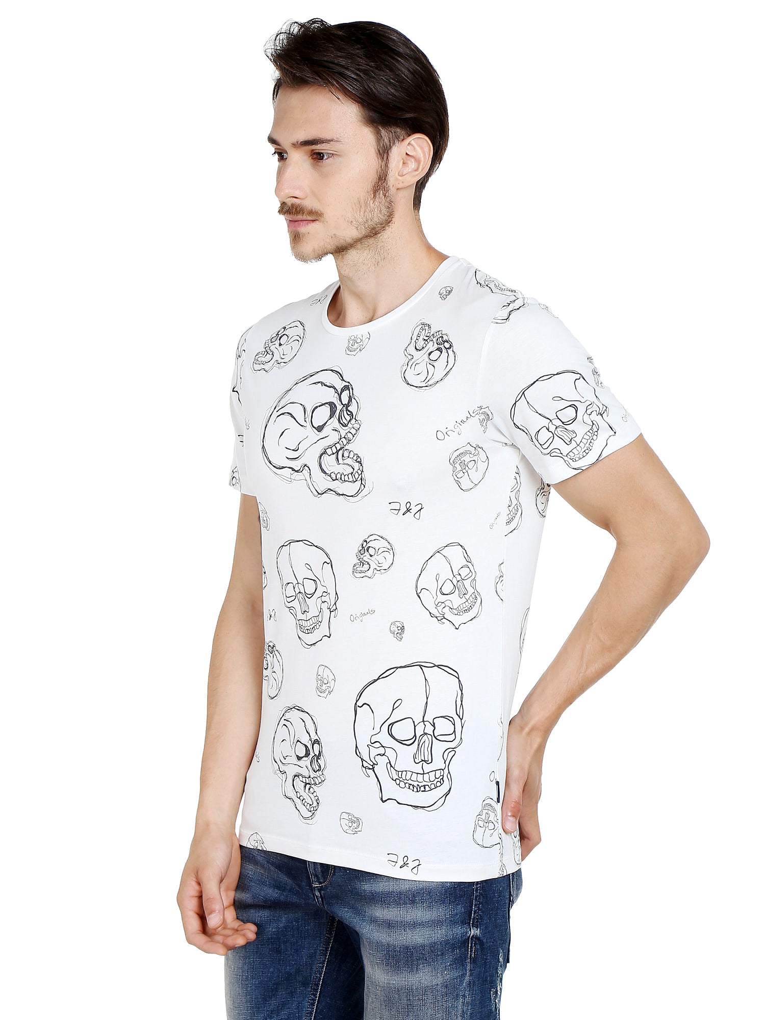 White Skull Print Crew Neck T-Shirt