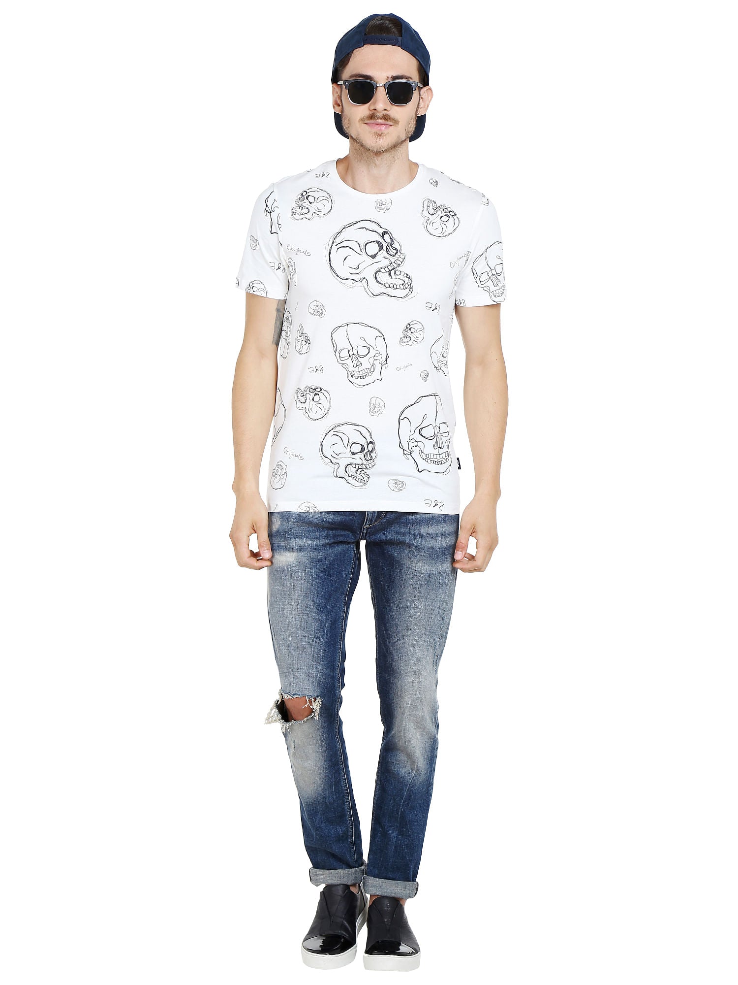 White Skull Print Crew Neck T-Shirt