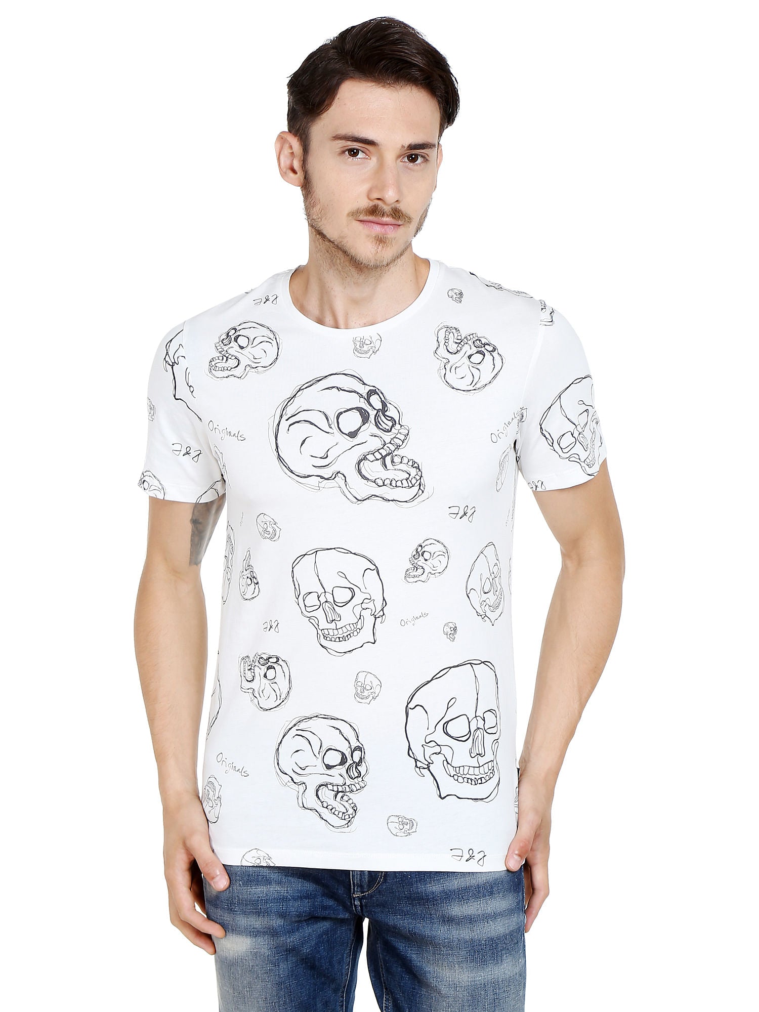 White Skull Print Crew Neck T-Shirt
