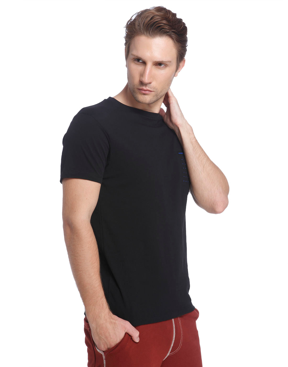 Black Crew Neck T-Shirt With Blue Front Pocket Detail