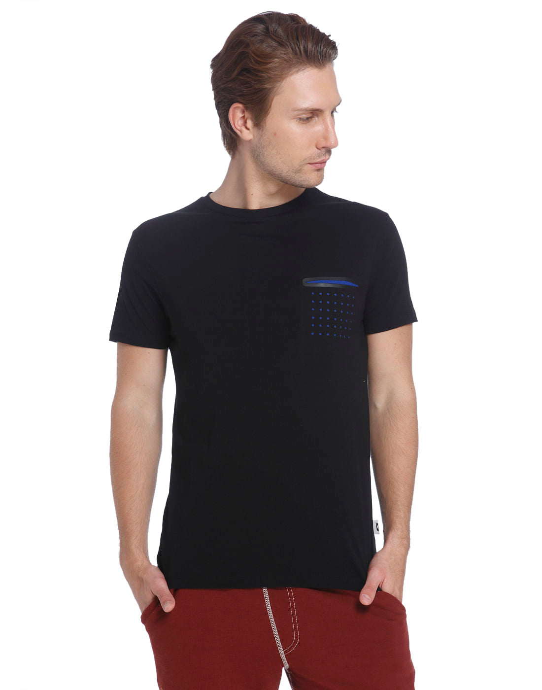 Black Crew Neck T-Shirt With Blue Front Pocket Detail - S