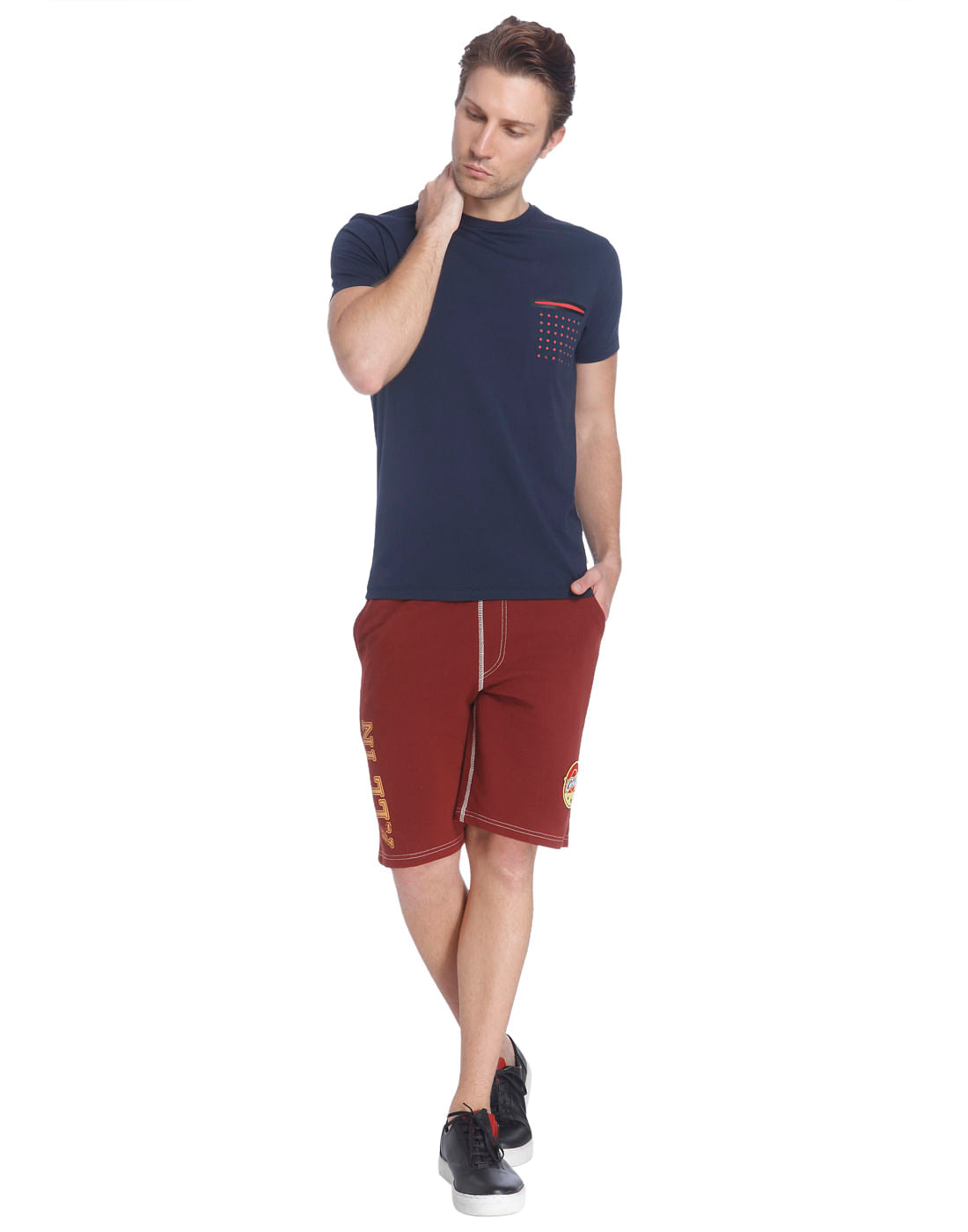 Blue Crew Neck T-Shirt With An Orange Front Pocket Detail