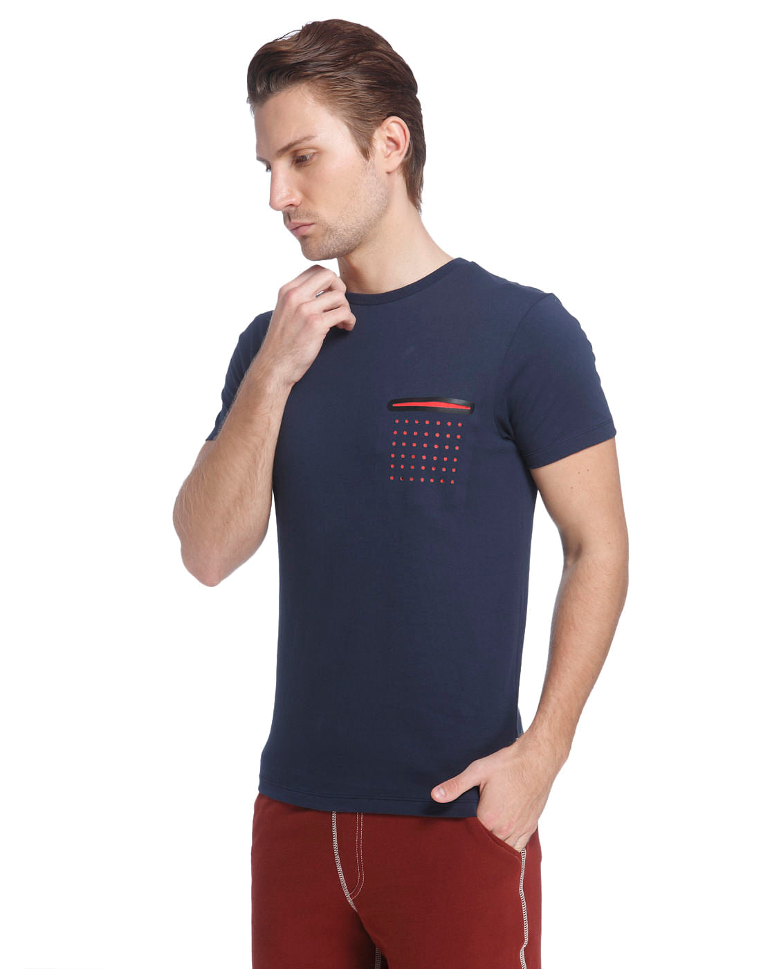 Blue Crew Neck T-Shirt With An Orange Front Pocket Detail
