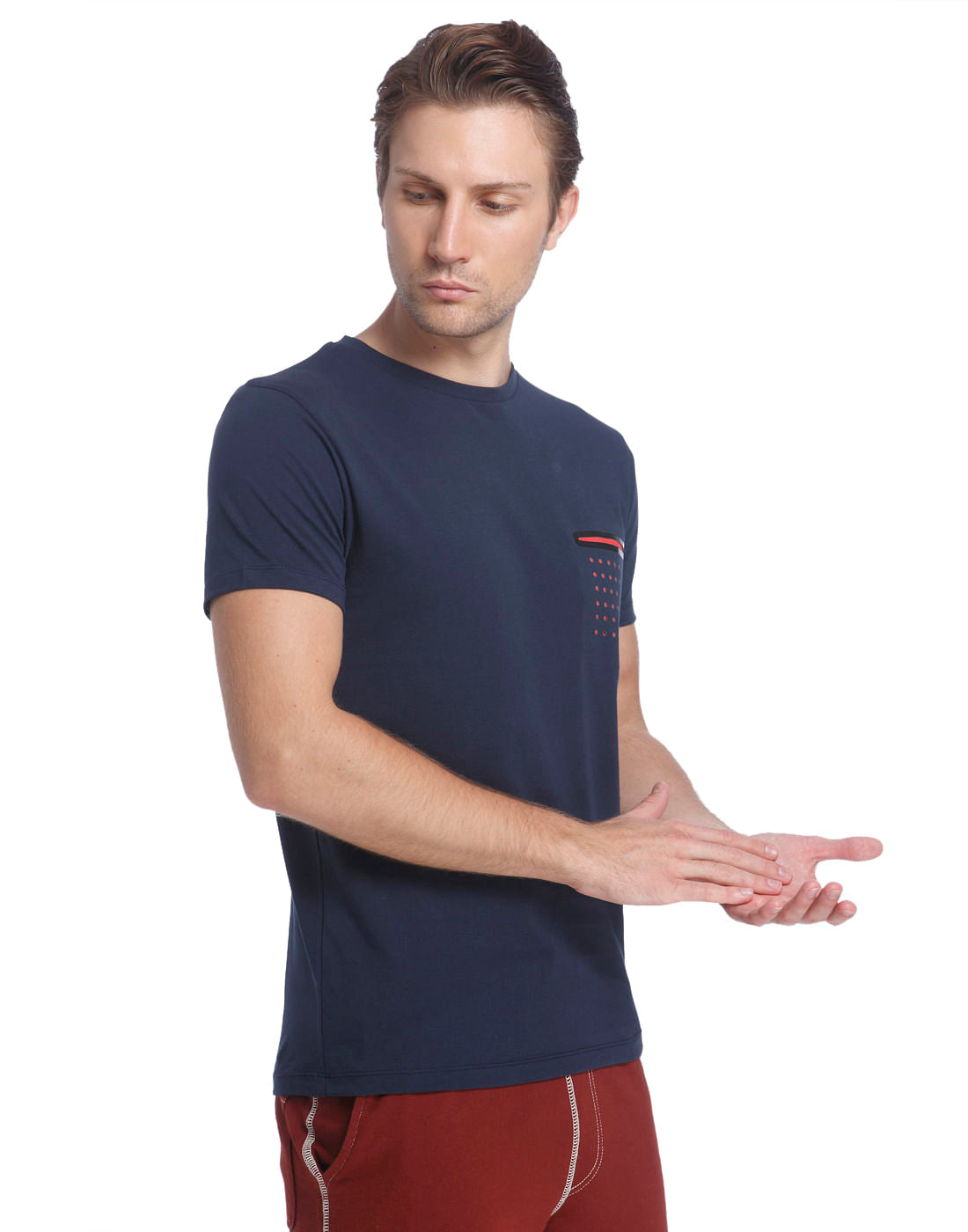 Blue Crew Neck T-Shirt With An Orange Front Pocket Detail