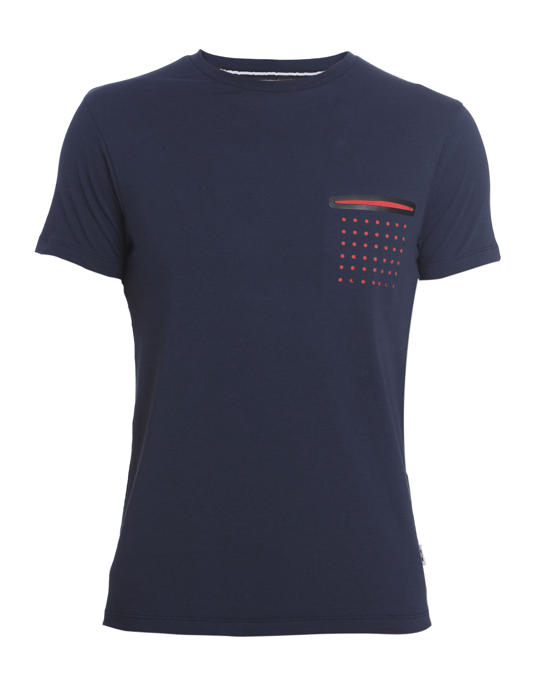 Blue Crew Neck T-Shirt With An Orange Front Pocket Detail